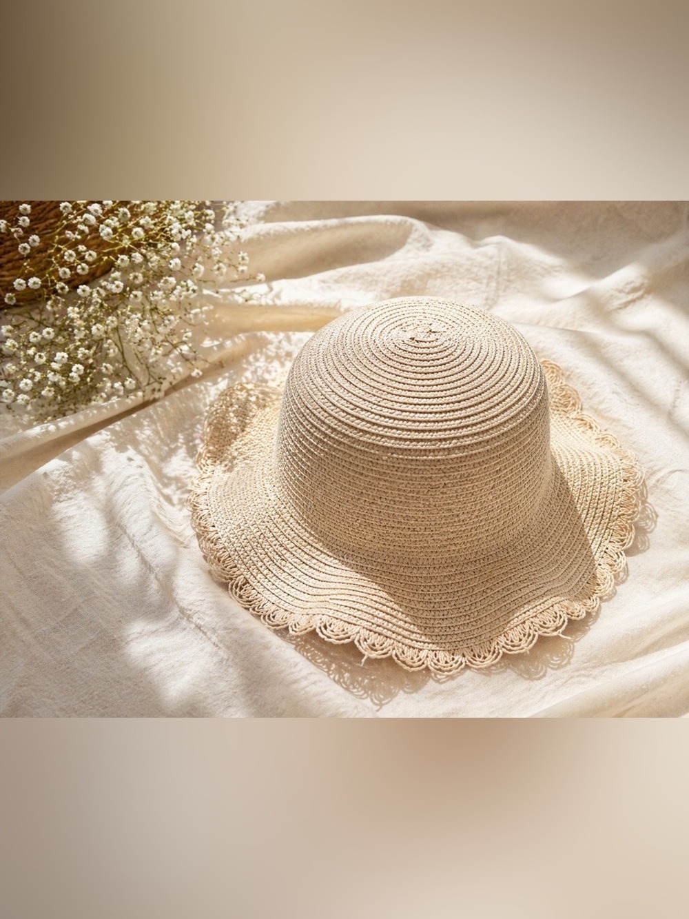 MISS Boho Kids Woven Straw Sun Hat • Scalloped Lace Trim • Cottagecore Summer